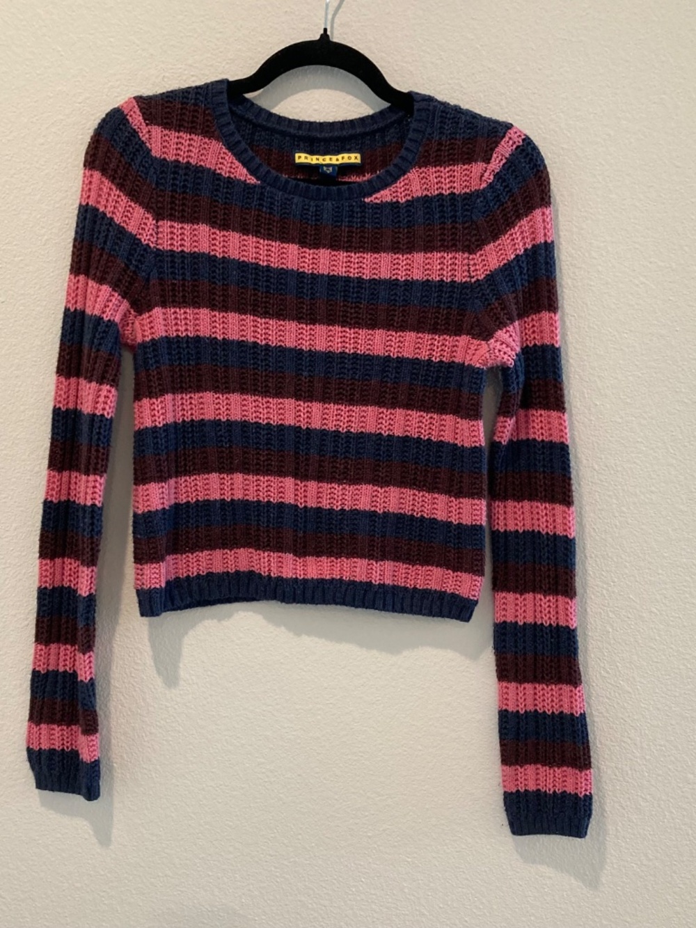 Prince & Fox Ribbed Crewneck Striped Knit Sweater Pink Navy Maroon Large